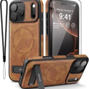 magnetic for iphone 17 pro max leather case,built in invisible stand [compatible with magsafe] protective slim kickstand phone cover for iphone 17 pro max,brown